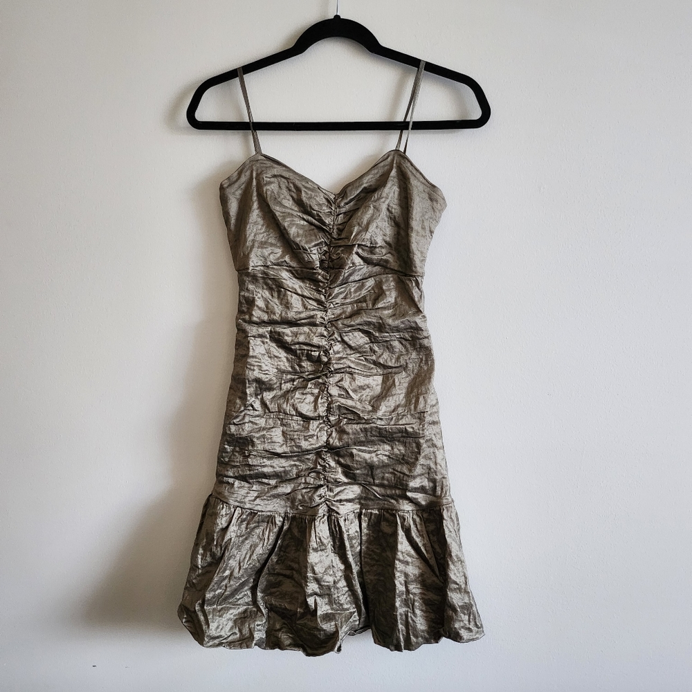 BCBG Maxazira S mini dress, olive green, ruched, flared